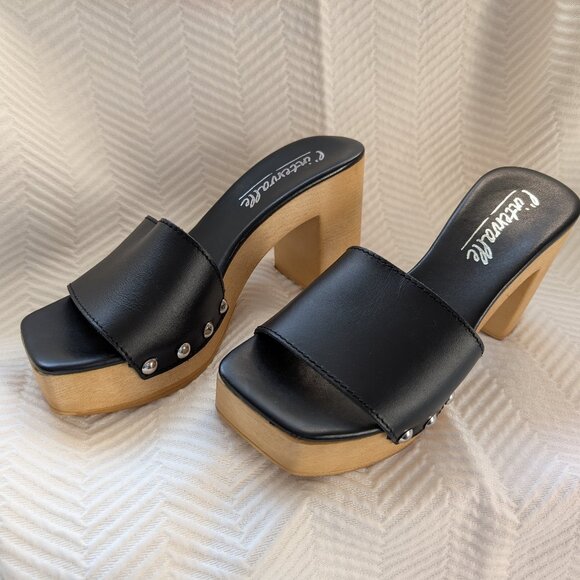 L’Intervalle Platform slide mules Clogs Black Leather with studs Wooden, Sz 38 - Picture 2 of 10